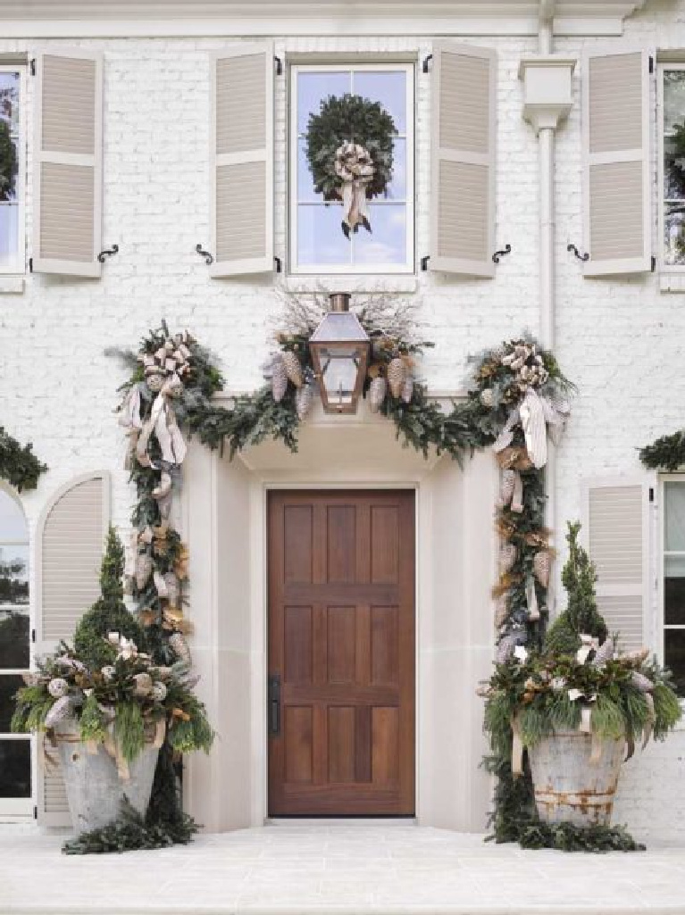 Charming French country inspired Christmas decorated white house exterior! AHL magazine's Home for the Holidays showhouse!