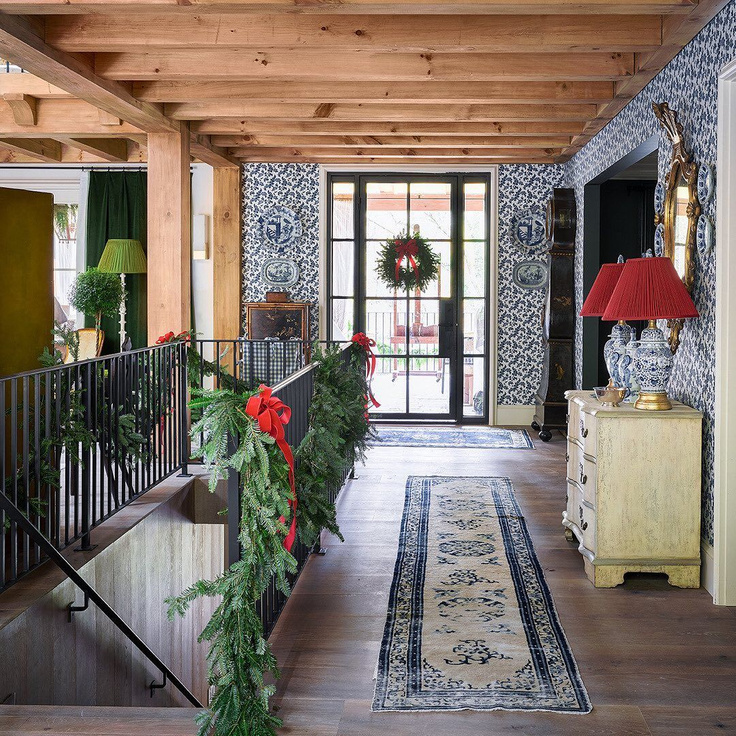 Classic Christmas decor and blue wall coverings in the 2019 Atlanta Home for Holidays house - design by Anna Louise Wolf.