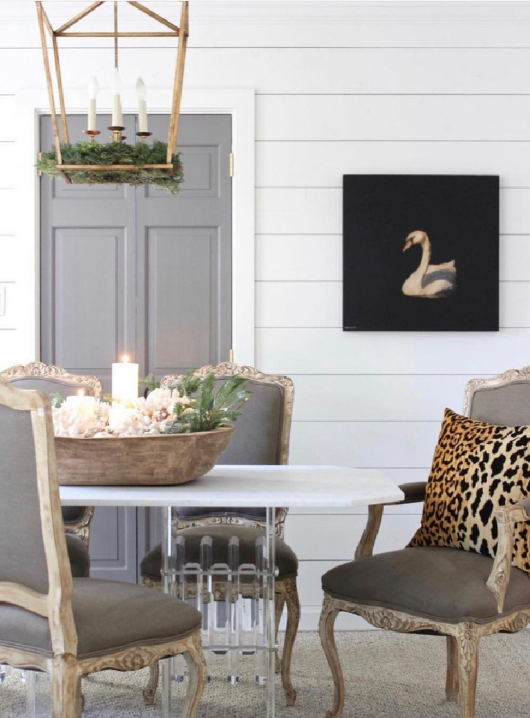 A beautiful modern rustic dining room with shiplap painted Benjamin Moore White Dove - Sherry Hart. #whitedove #benjaminmoorewhitedove #whitepaintcolors #shiplap #diningrooms