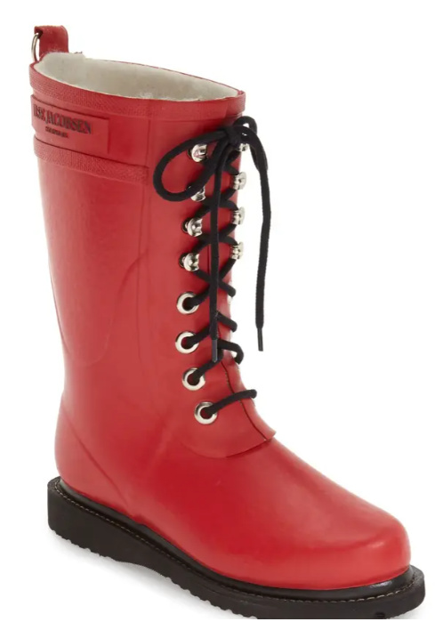 Red lace up rubber rain boots by Ilse Jacobsen.