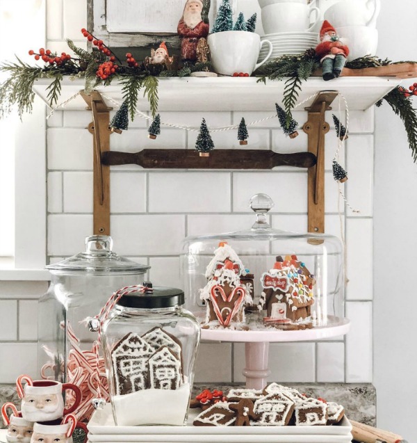 Whimsical and charming French farmhouse Christmas decor in a kitchen with cookies and vintage design elements - Le Cultivateur.  23 Charming Christmas Decorating Ideas to Save! #christmasdecor #frenchfarmhousechristmas #christmaskitchen #vintagechristmas