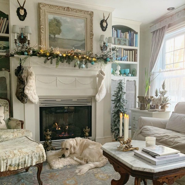 Soft and elegant French country Christmas living room with sophisticated and subdued palette - Amy Chalmers of Maison Decor. 23 Charming Christmas Decorating Ideas to Save. #frenchcountrychristmas #frenchchristmas #livingroom #christmasdecor #elegantchristmas