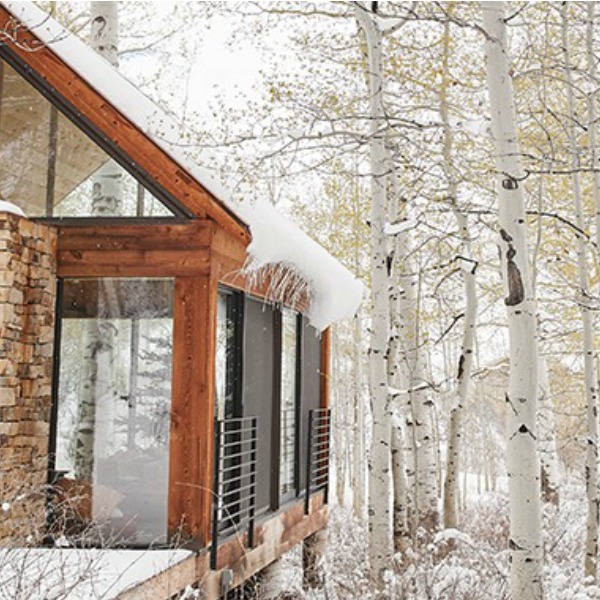 Magical birch trees in winter with a luxurious ski lodge chalet - Sundance Catalog. #birchtrees #sundance #winterwonderland #mountaincabin #skilodge