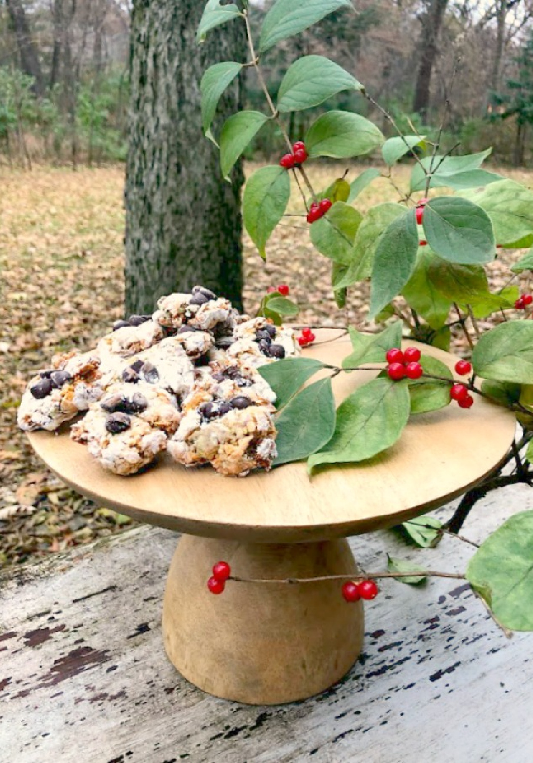G-free pistachio cookies on a rustic wood pedestal in my backyard - Hello Lovely Studio.