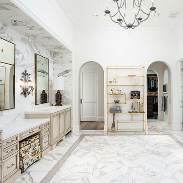 Luxurious white marble French country bathroom in a stunning Scottsdale home. #luxuriousbathroom #whitemarble #bathroomdesign