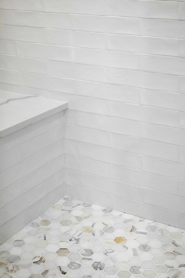 Detail of calacatta gold marble hex tile shower floor in Scrivano house. #fixerupper #scrivanohouse