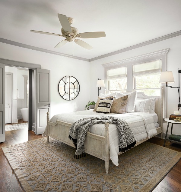 This tranquil Tudor cottage was renovated on HGTV's Fixer Upper by Chip and Joanna and is known as the Scrivano House. #fixerupper #scrivano #cottagestyle #interiordesign #greytrim #serenedecor #bedroom