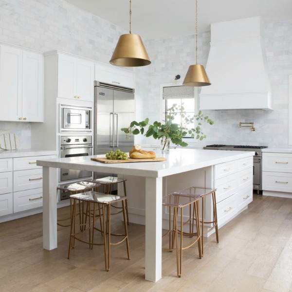 Modern farmhouse kitchen with brass dome pendant lights and classic design - Jaimee Rose Interiors. #kitchendesign #modernfarmhouse