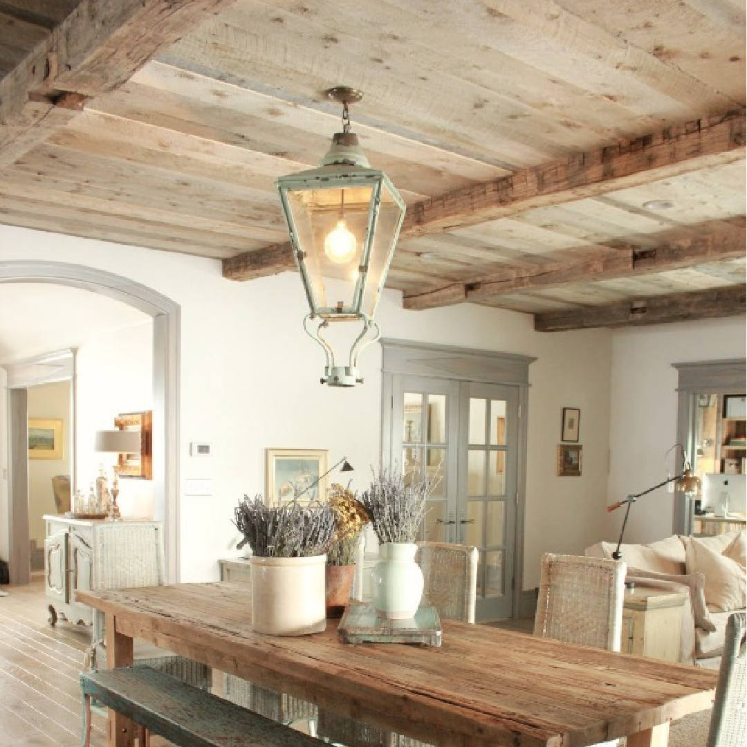 Rustic reclaimed antique wood ceiling in rustically elegant European country cottage - Desiree of Beljar Home and DecordeProvence. #europeancountry #cottagestyleinteriors