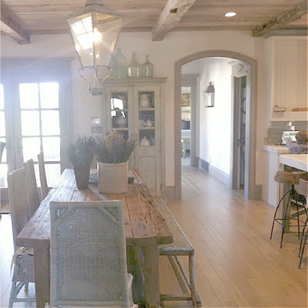 Breakfast room farm table in rustically elegant European country cottage - Desiree of Beljar Home and DecordeProvence. #europeancountry #cottagestyleinteriors