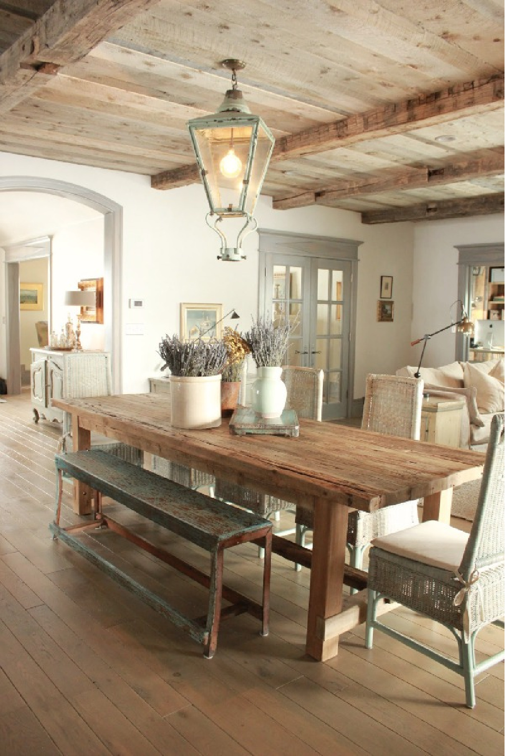 Farm table in breakfast dining area in rustically elegant European country cottage - Desiree of Beljar Home and DecordeProvence. #europeancountry #cottagestyleinteriors