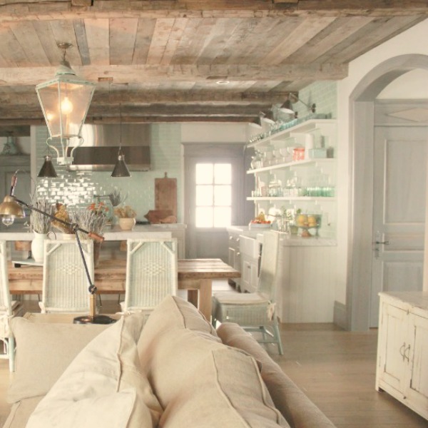 Rustic French farmhouse European country cottage with pale blues and green interiors - Decor de Provence. #frenchcountry #europeancountry #frenchfarmhouse #interiordesign #cottages