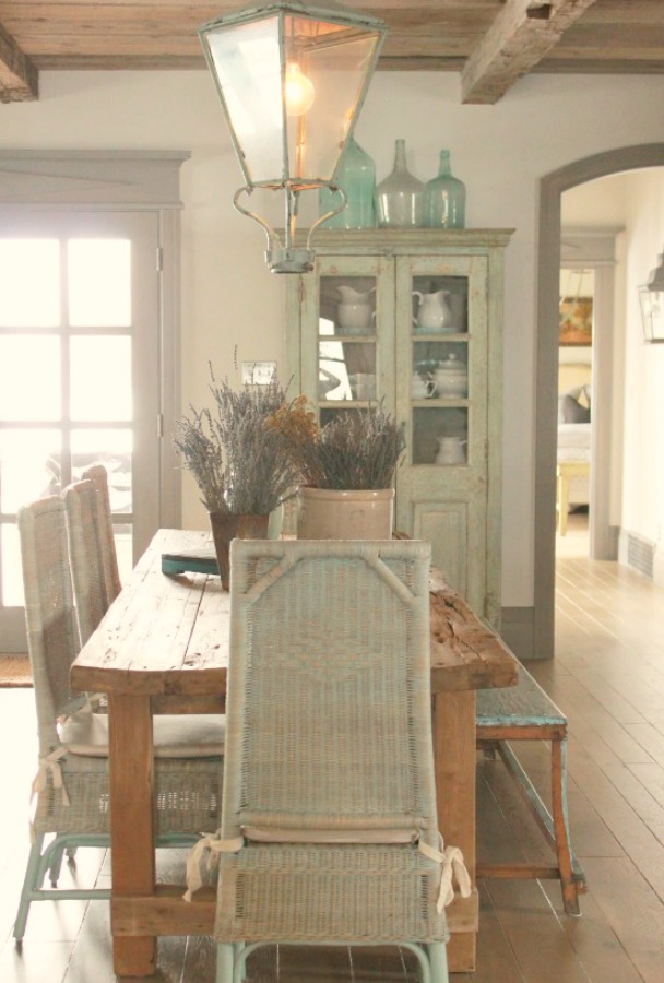 Rustic French farmhouse European country cottage with pale blues and green interiors - Decor de Provence. #frenchcountry #europeancountry #frenchfarmhouse #interiordesign #cottages