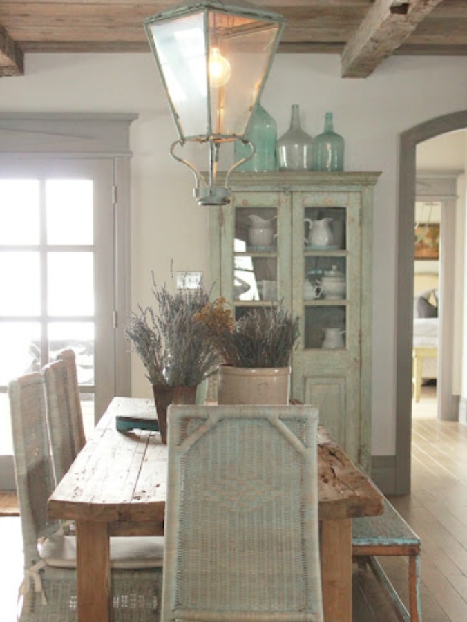 Rustic French farmhouse European country cottage with pale blues and green interiors - Decor de Provence. #frenchcountry #europeancountry #frenchfarmhouse #interiordesign #cottages