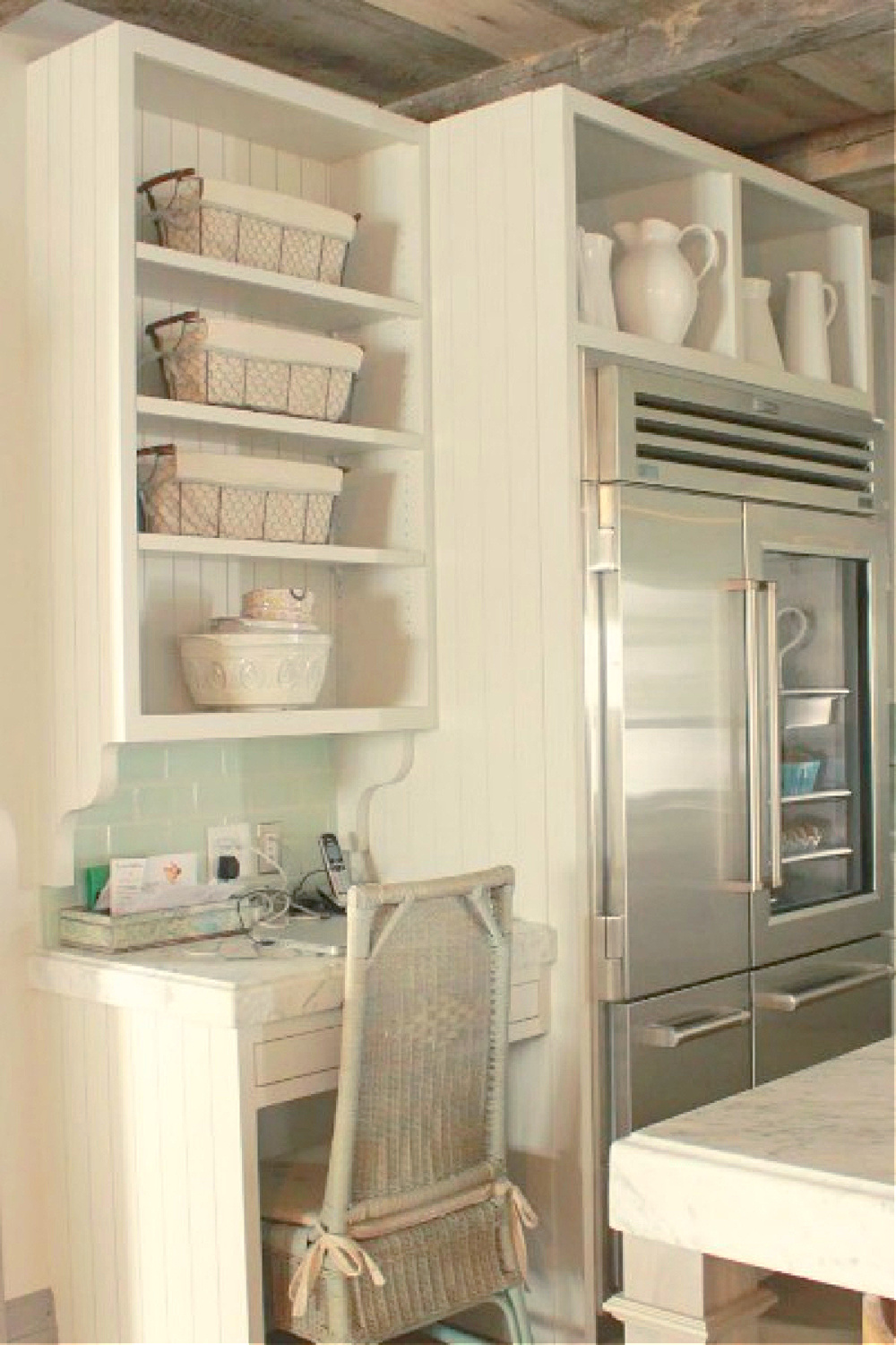 Desk in kitchen with open shelves in rustically elegant European country cottage - Desiree of Beljar Home and DecordeProvence. #europeancountry #cottagestyleinteriors