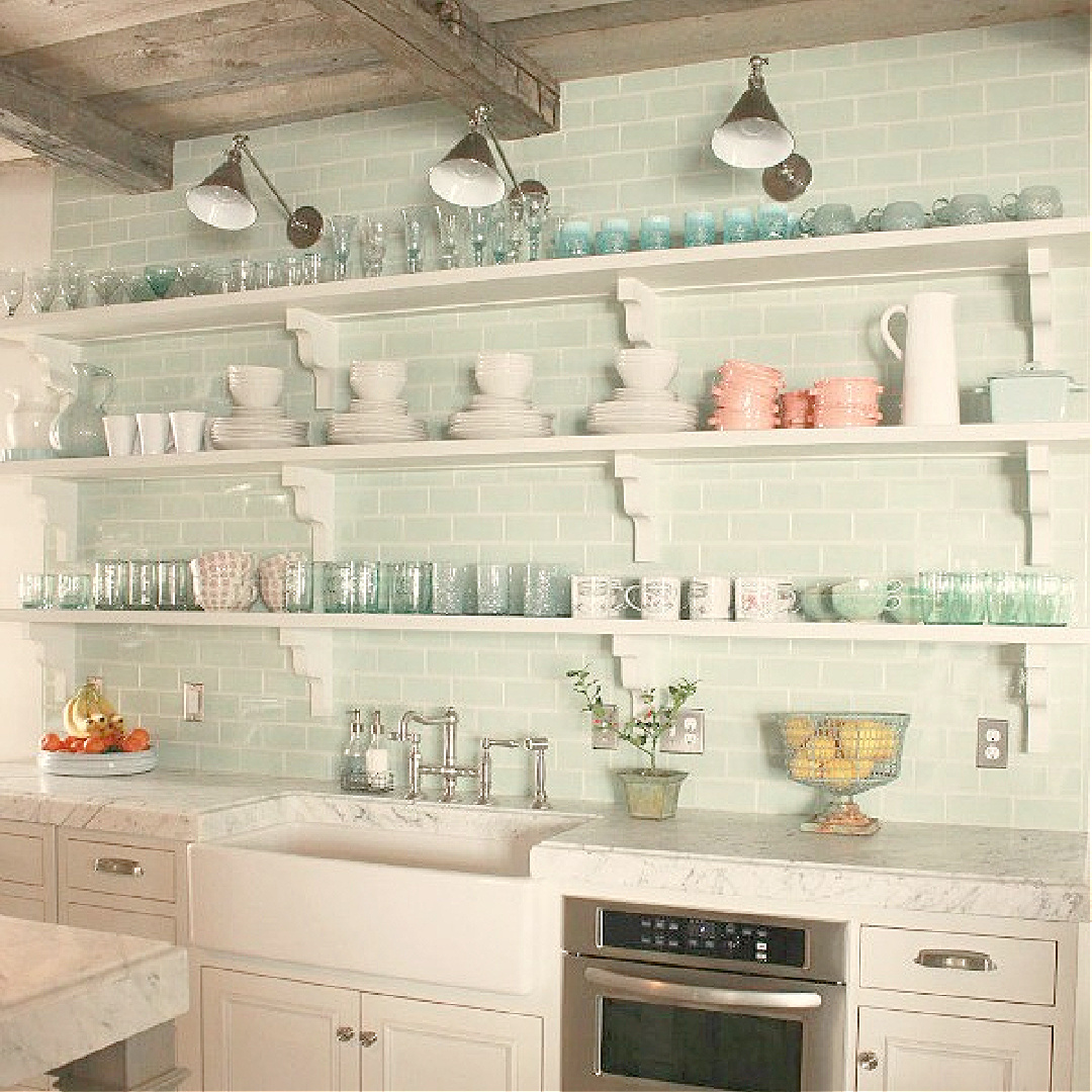Open shelving, light green subway tile backsplash in kitchen in rustically elegant European country cottage - Desiree of Beljar Home and DecordeProvence. #europeancountry #cottagestyleinteriors