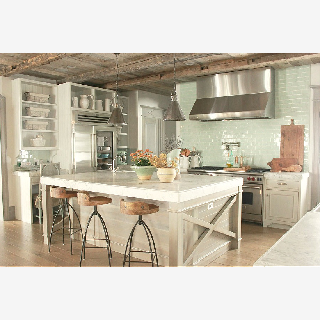 Kitchen island in rustically elegant European country cottage - Desiree of Beljar Home and DecordeProvence. #europeancountry #cottagestyleinteriors