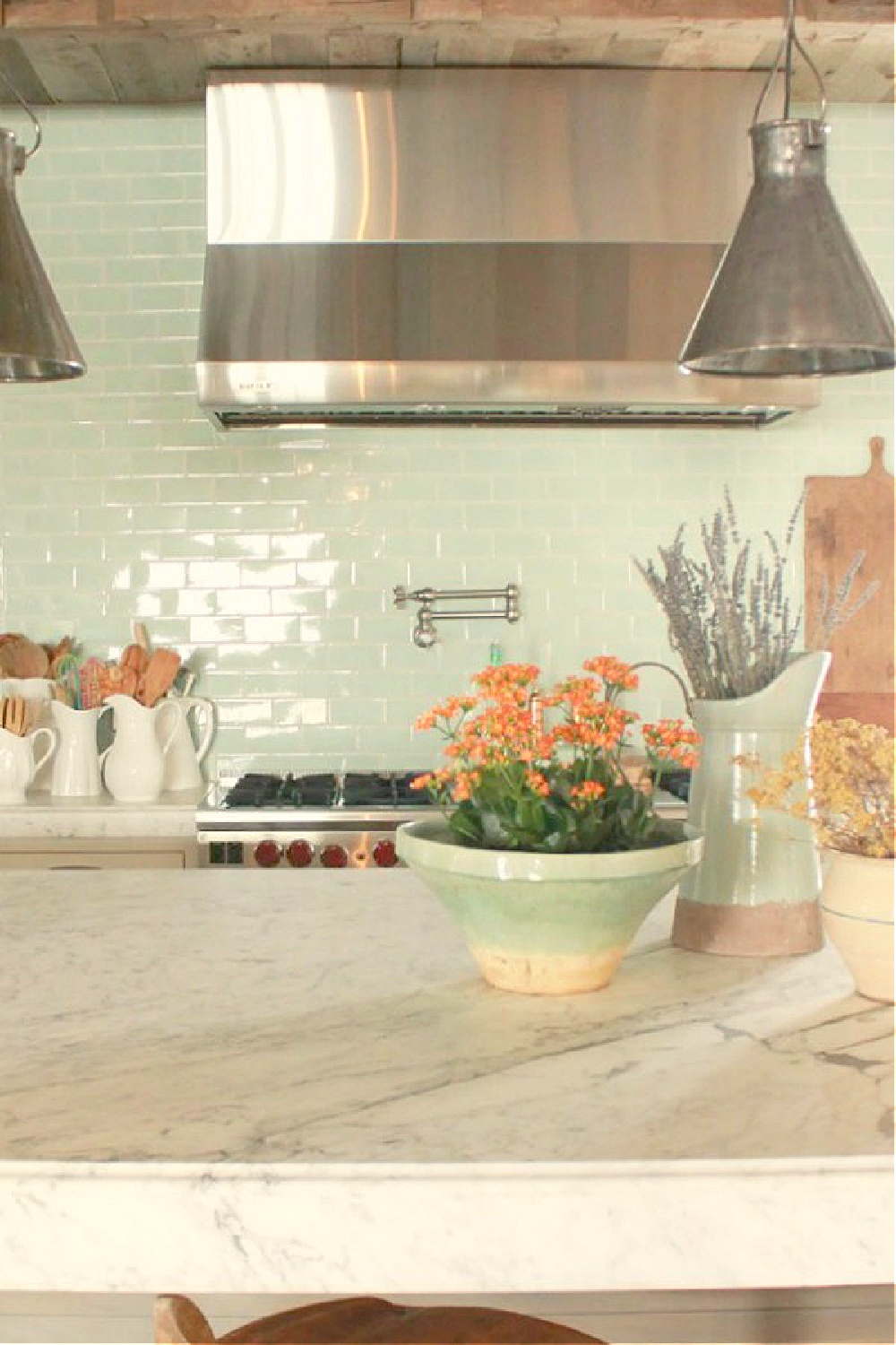 Light green subway tile in kitchen in rustically elegant European country cottage - Desiree of Beljar Home and DecordeProvence. #europeancountry #cottagestyleinteriors