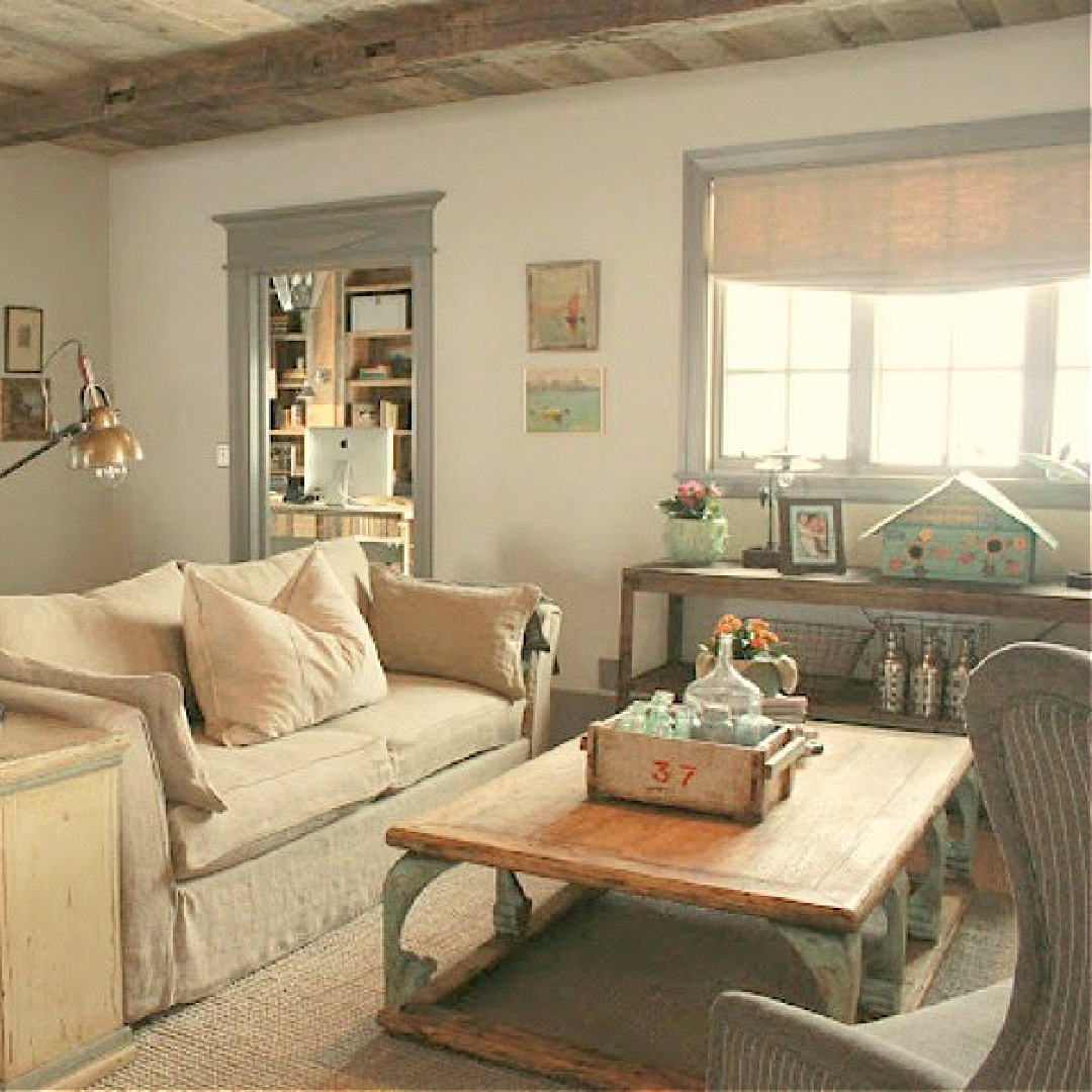 Den in in rustically elegant European country cottage - Desiree of Beljar Home and DecordeProvence. #europeancountry #cottagestyleinteriors