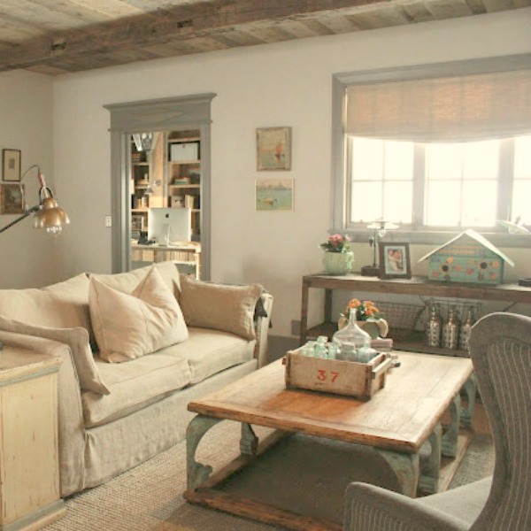 Rustic French farmhouse European country cottage with pale blues and green interiors - Decor de Provence. #frenchcountry #europeancountry #frenchfarmhouse #interiordesign #cottages