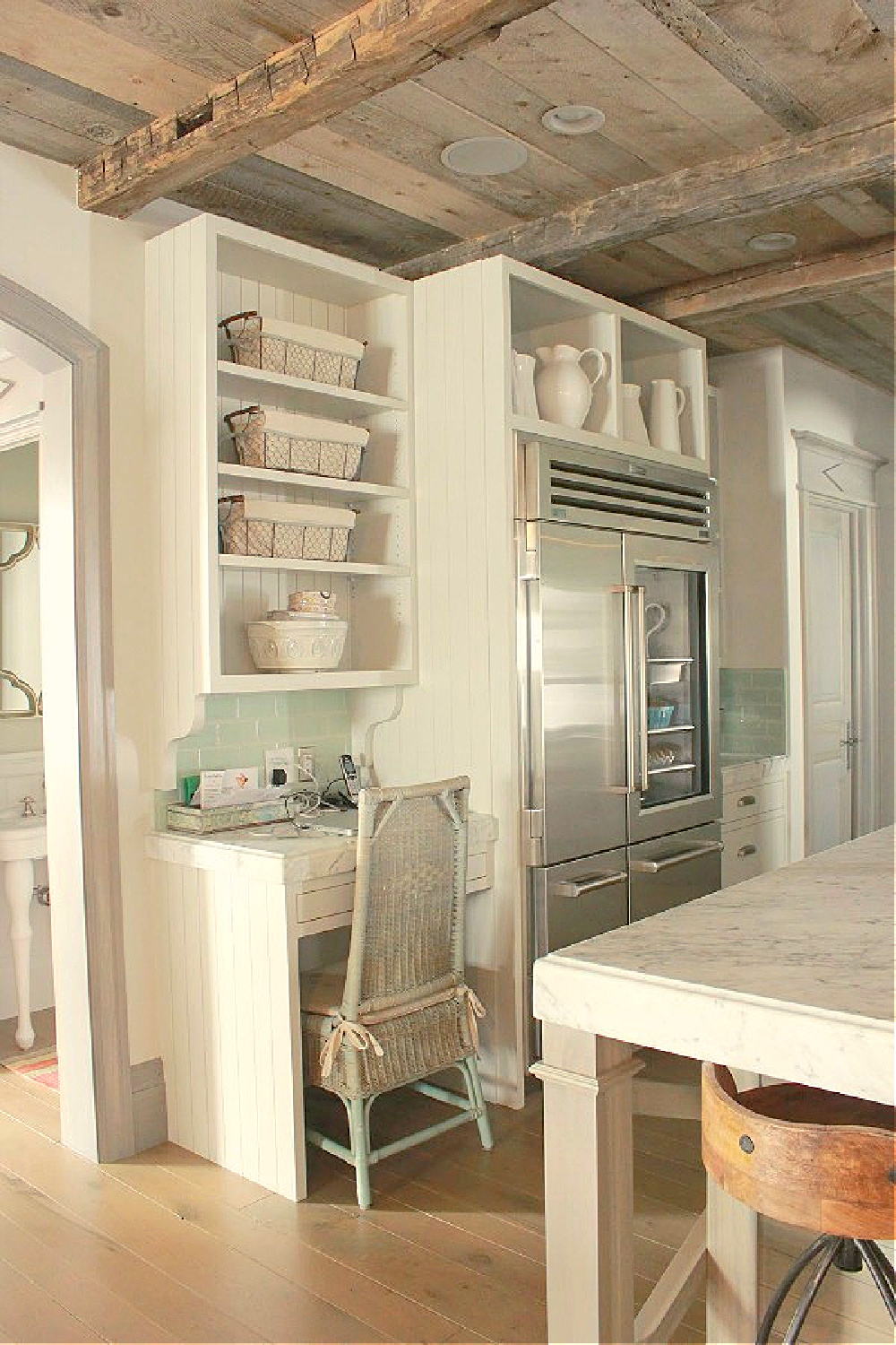 Kitchen with desk area in rustically elegant European country cottage - Desiree of Beljar Home and DecordeProvence. #europeancountry #cottagestyleinteriors