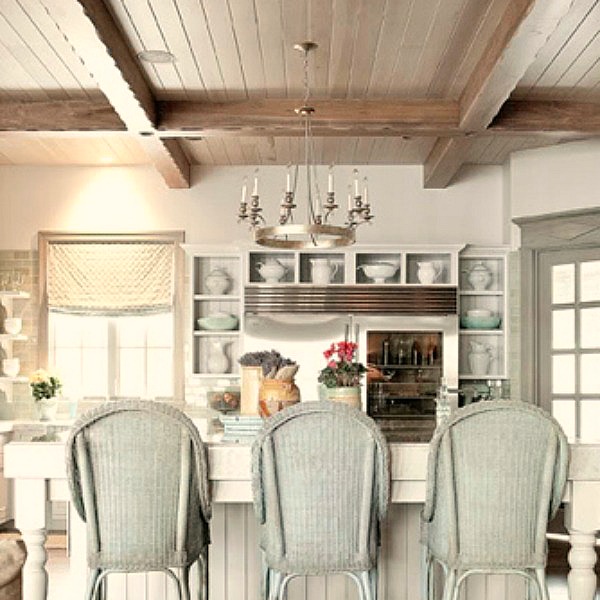 French country kitchen with seaglass greens and open shelving - Decor de Provence.
