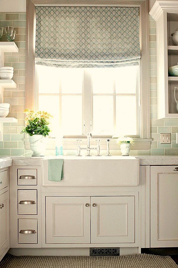 Serene seaglass green subway tiles in white French country kitchen with farm sink - come tour French Fantasy House Build: A Timeless Tranquil Home Favorite!