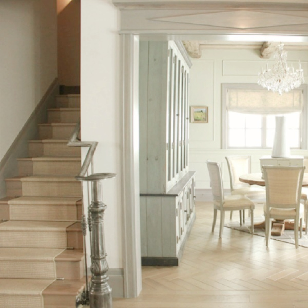 Dining room and staircase in rustically elegant European country cottage - Desiree of Beljar Home and DecordeProvence. #europeancountry #cottagestyleinteriors