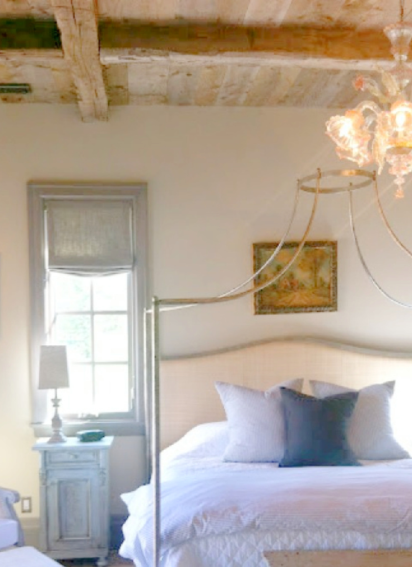 Bedroom in rustically elegant European country cottage - Desiree of Beljar Home and DecordeProvence. #europeancountry #cottagestyleinteriors