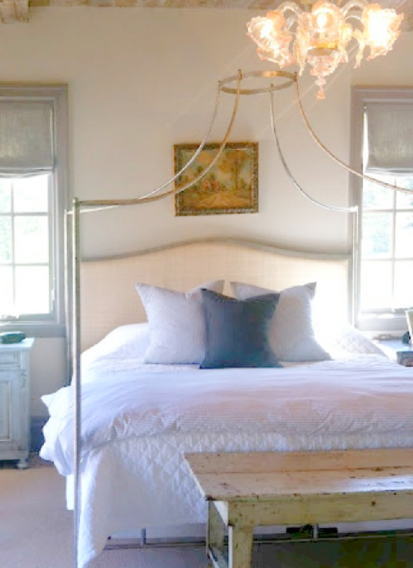 Bedroom in rustically elegant European country cottage - Desiree of Beljar Home and DecordeProvence. #europeancountry #cottagestyleinteriors