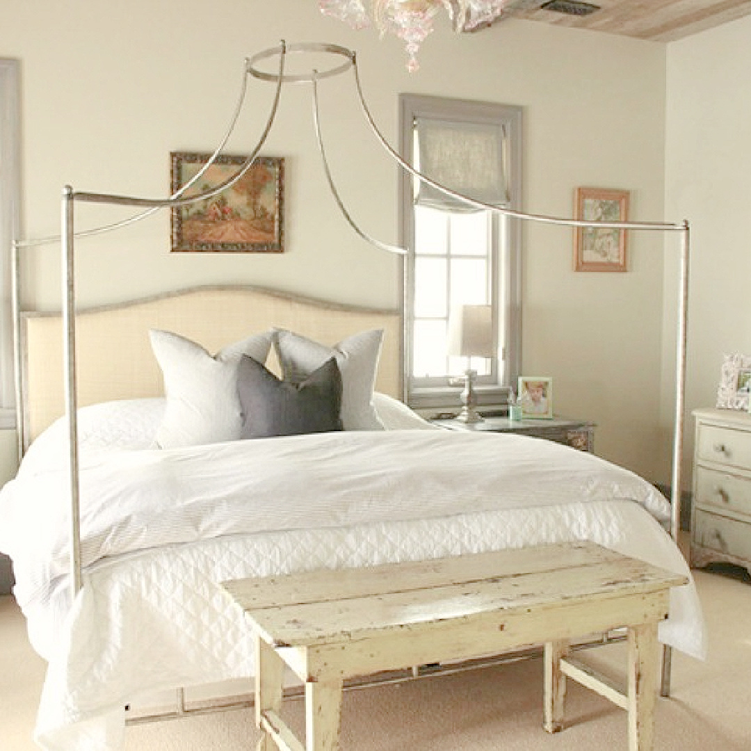 Bedroom in rustically elegant European country cottage - Desiree of Beljar Home and DecordeProvence. #europeancountry #cottagestyleinteriors