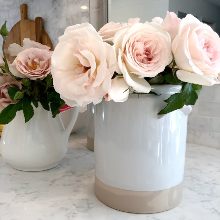 A farmhouse stoneware urn with Francis Meilland garden roses in my kitchen - Hello Lovely Studio.