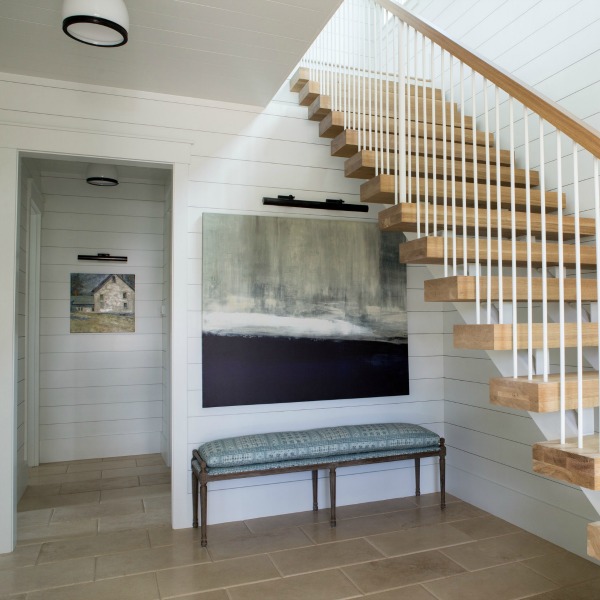 Entry in a white coastal cottage in South Carolina with interior design by Lisa Furey. #coastalcottage #entry #interiordesign 