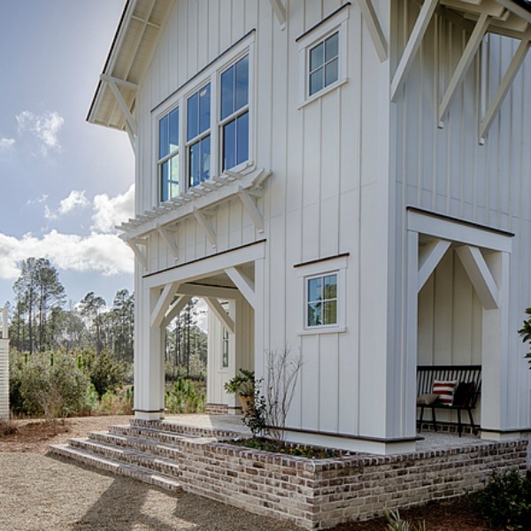 BM OC-151 white on coastal cottage white board and batten exterior with interior design by Lisa Furey. #coastalcottage #houseexterior