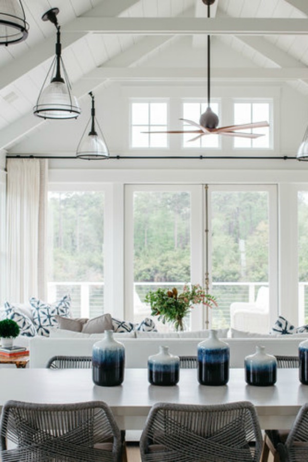 Coastal cottage great room in a lake house by Lisa Furey. #greatroom #coastalcottage #interiordesign