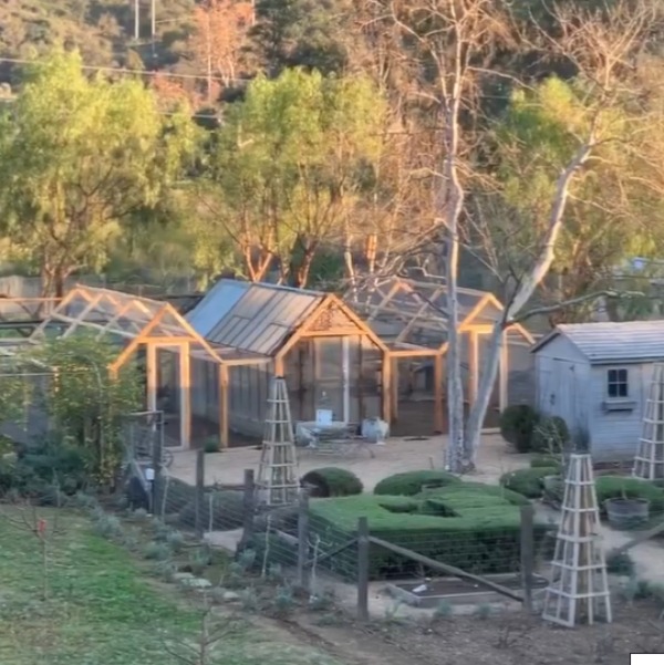 Beautiful view of outbuildings at Patina Farm in Ojai, California, where the Giannettis have created a little Eden for a few lucky animals to shelter. #patinafarm #giannettihome #farmhousedesign #outbuildings
