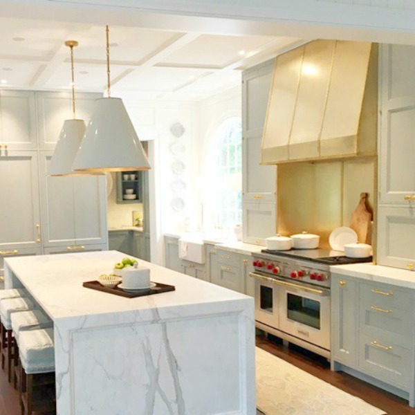 Atlanta Southeastern Designer Showhouse 2017 kitchen with Farrow & Ball Light Blue cabinets and brass hardware. Elegant Blue Kitchen Design: What Makes it Timeless?