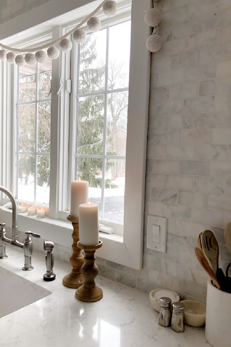 Viatera Minuet quartz countertop in my classic white kitchen (with Modern French influence) paired with polished marble subway tile backsplash - Hello Lovely Studio. #whitequartz #quartzcountertops #minuet