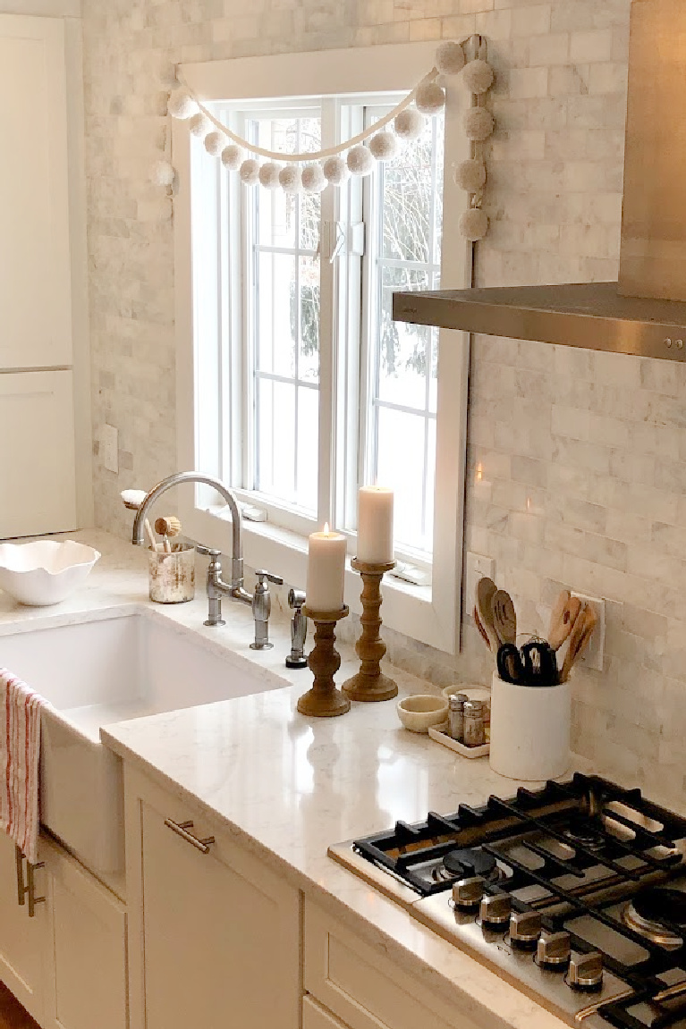 Viatera Minuet quartz countertop in my classic white kitchen (with Modern French influence) paired with polished marble subway tile backsplash - Hello Lovely Studio. #whitequartz #quartzcountertops #minuet