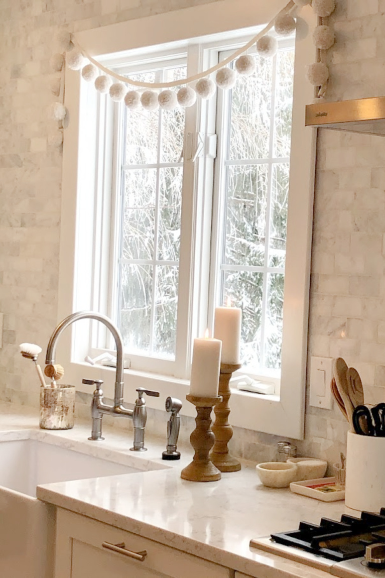 Viatera Minuet quartz countertop in my classic white kitchen (with Modern French influence) paired with polished marble subway tile backsplash - Hello Lovely Studio. #whitequartz #quartzcountertops #minuet