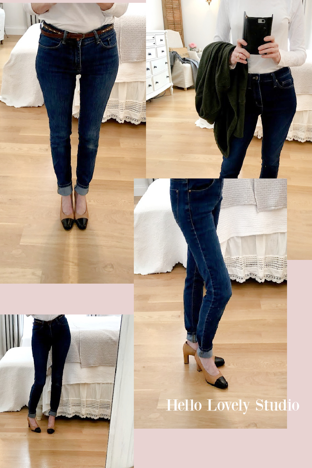 Hello Lovely Studio winter casual fashion over 50 - skinny jeans cuffed and vintage Gucci cap toe pumps. #fashionover50 #skinnyjeans #pumps #gucci