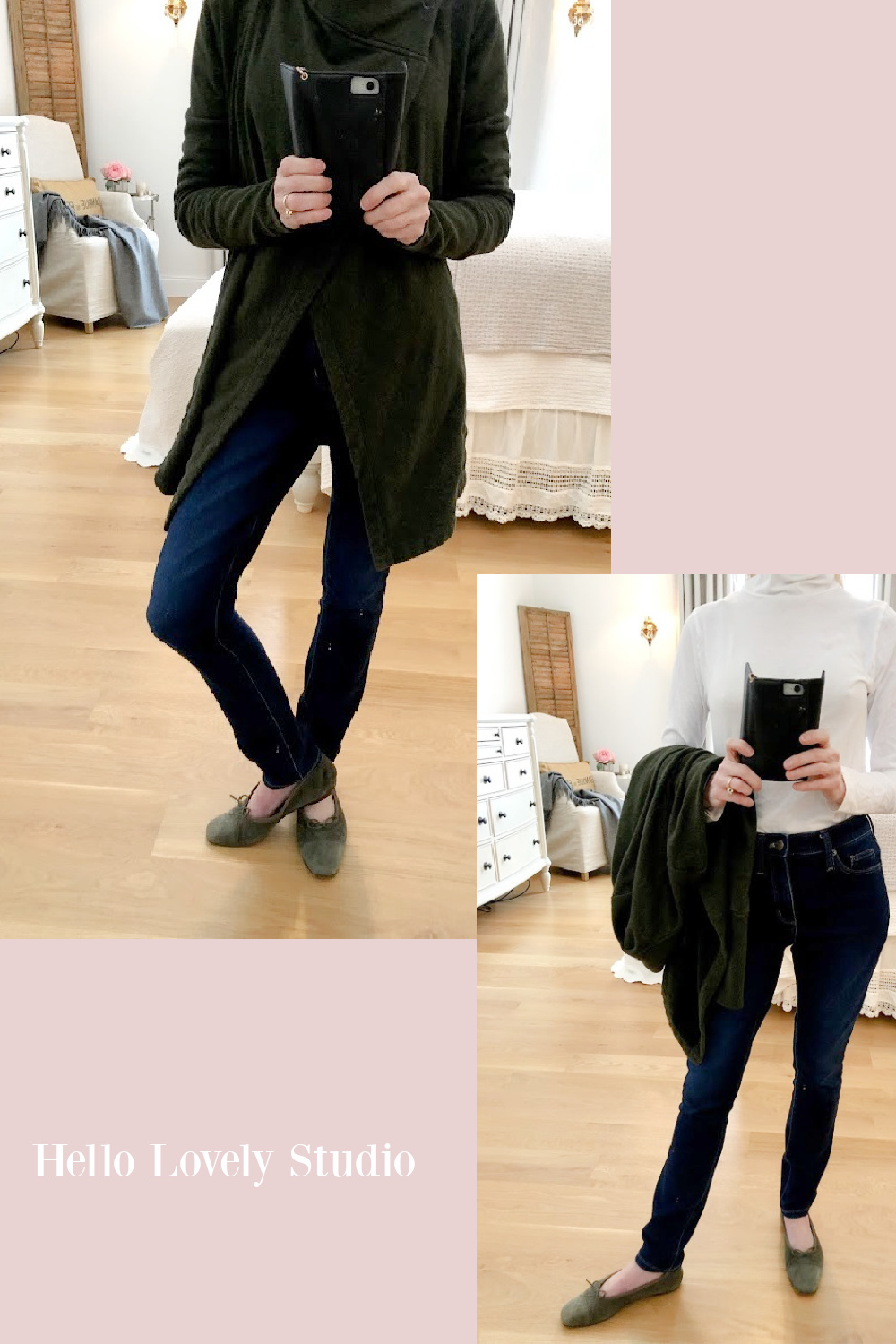 Hello Lovely Studio casual winter fashion over 50 - French terry assymetrical wrap, skinny jeans, white turtleneck, green suede Chanel flats. #fashionover50 #casual #chanelflats