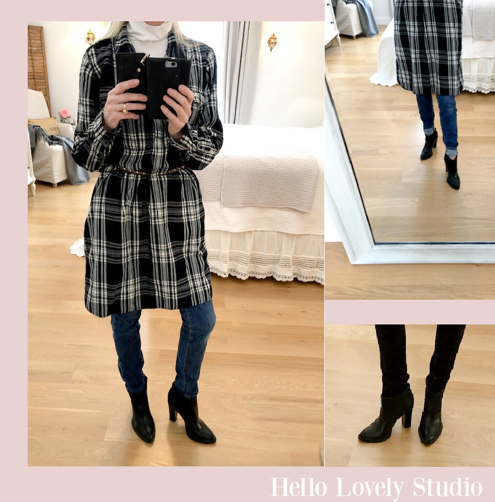 Hello Lovely Studio casual fashion over 50 - Madewell black tunic, skinny jeans, white tissue turtleneck, ankle booties. #fashionover50 #tunics #madewell #jcrew