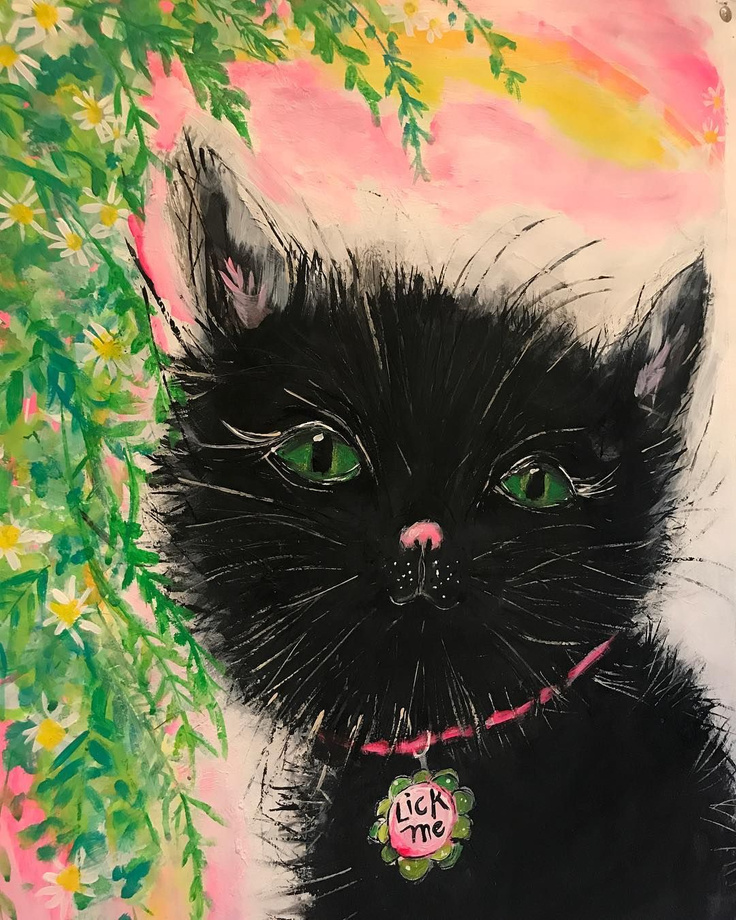 Beautiful, whimsical black cat art with happy colors - Jenny Sweeney.