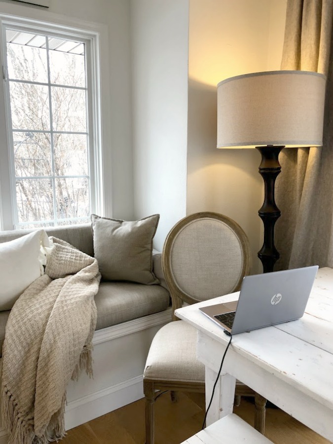 Window seat with Belgian linen cushions in our kitchen - Hello Lovely Studio. #windowseat #belgianlinen #europeancountry #interiordesign