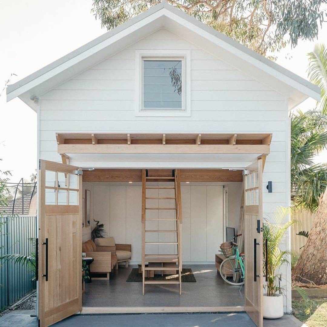 Charming barn style backyard guest house with loft - Loughlin Furniture. #backyardbarn #sheshed #cabana #guesthouse #farmhousedesign