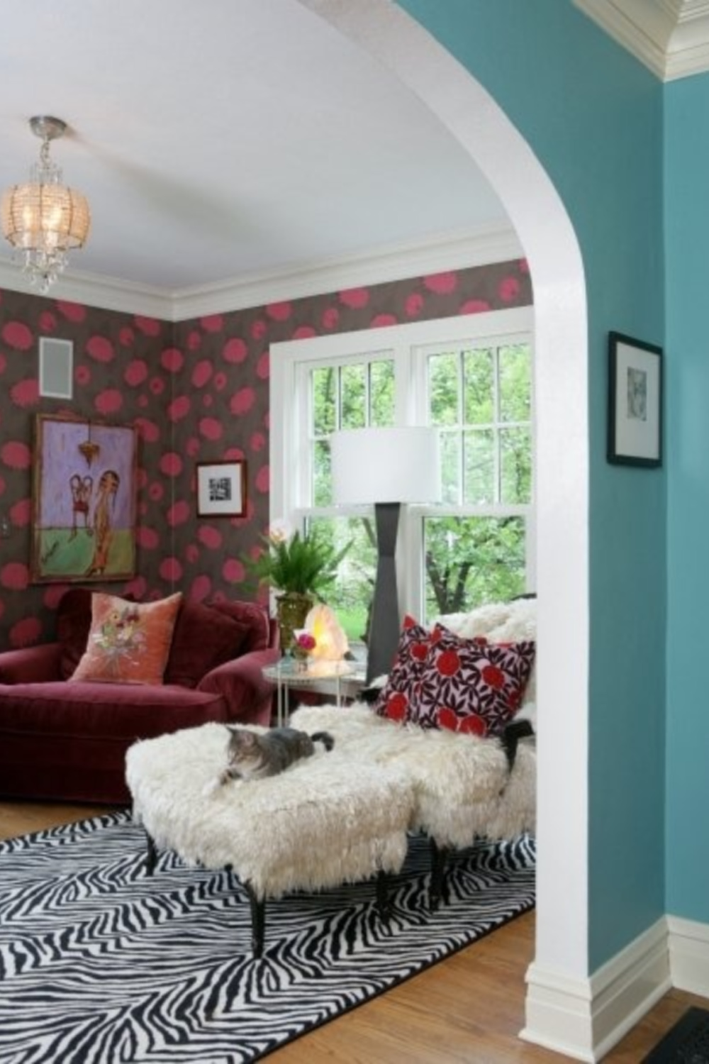 Bold 70's inspired whimsical wallpaper in an eclectic music room by Jenny Sweeney with flea market style.