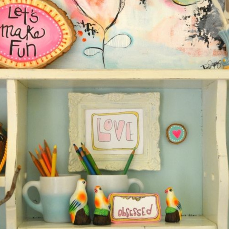 Delightful and cheerful vintage 70's groovy vignette in the home of artist Jenny Sweeney.