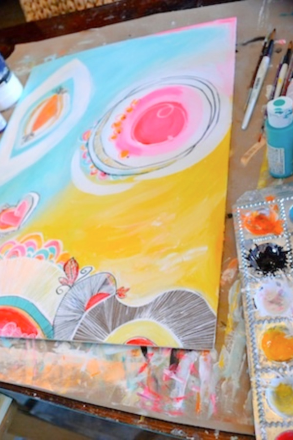 Colorful, cheerful, happy hues in a whimsical painting by Jenny Sweeney.