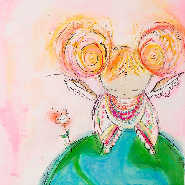 Whimsical colorful earth angel greeting card and art by Jenny Sweeney.